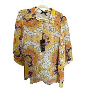Ali & Kris Women’s 2X Baroque Print Button-Down Shirt Blouse Long Sleeve Gold Ch